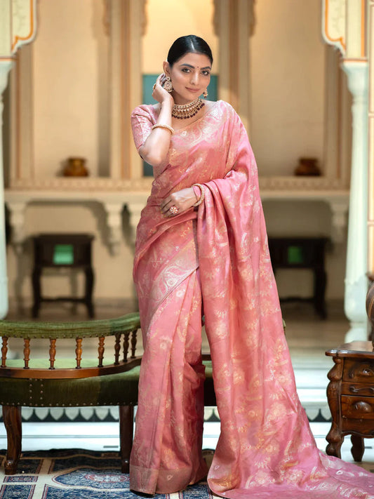 PURE SEMI SILK SAREE WEAVED WITH COPPER ZARI COMES WITH HEAVY BANARASI BROCADE BLOUSE