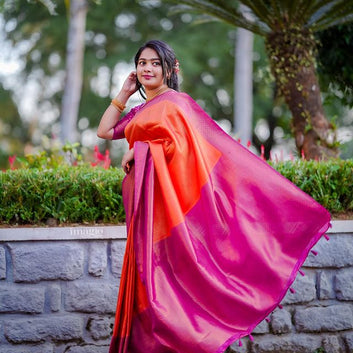 ORANGE & PINK PURE SOFT SILK SAREE WITH TWIRLING BLOUSE PIECE