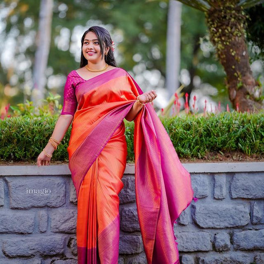 ORANGE & PINK PURE SOFT SILK SAREE WITH TWIRLING BLOUSE PIECE