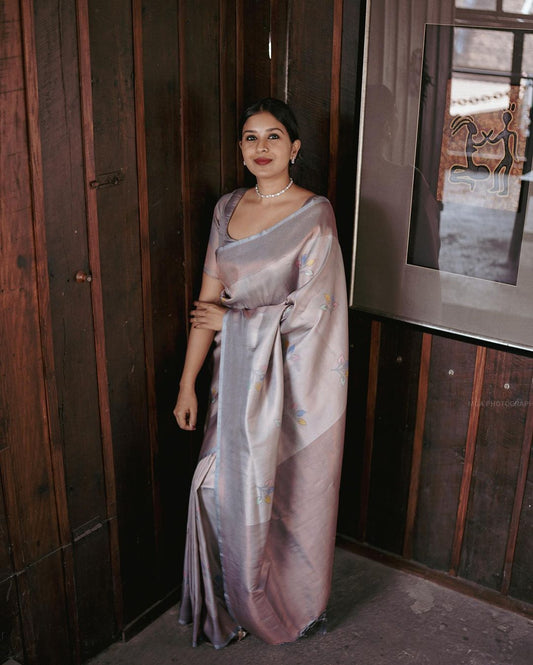 GREY PURE SOFT SEMI SILK SAREE WITH ATTRACTIVE BLOUSE PIECE