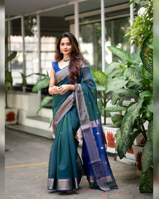 ROYAL BLUE & RAMA DUAL TONE PURE SOFT SEMI SILK SAREE WITH ATTRACTIVE BLOUSE PIECE