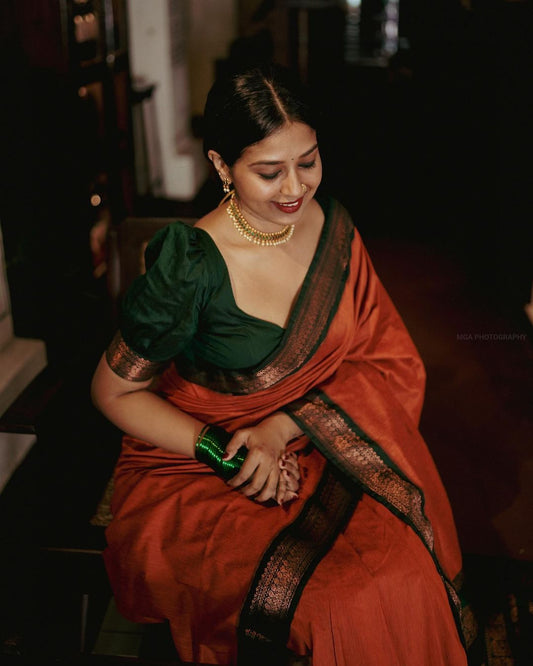ORANGE & DARK GREEN COMBINATION PURE SOFT SEMI SILK SAREE WITH ATTRACTIVE BLOUSE PIECE