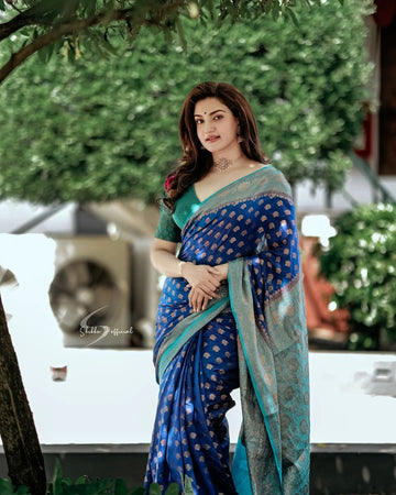 ROYAL BLUE & FIROZI COMBINATION PURE SOFT SEMI SILK SAREE WITH ATTRACTIVE BLOUSE PIECE