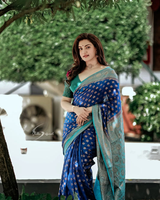 ROYAL BLUE & FIROZI COMBINATION PURE SOFT SEMI SILK SAREE WITH ATTRACTIVE BLOUSE PIECE