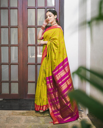 PARROT GREEN & PINK PURE SOFT SEMI SILK SAREE WITH ATTRACTIVE BLOUSE PIECE