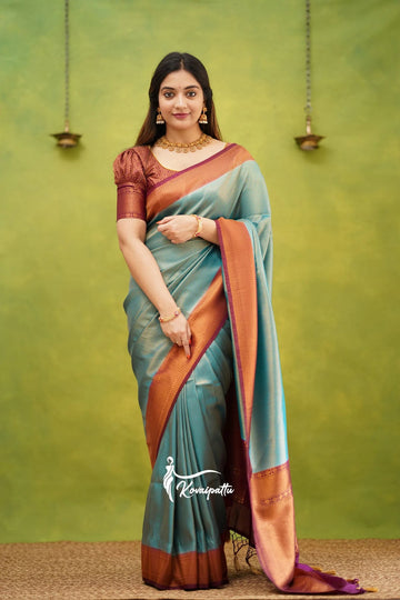 RAMA & MAROON PURE SOFT SILK SAREE WITH TWIRLING BLOUSE PIECE