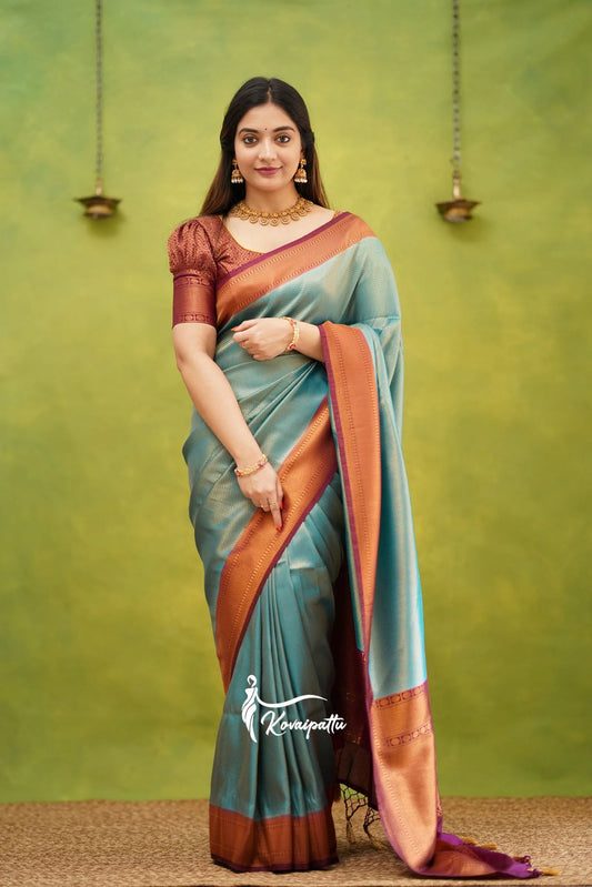 RAMA & MAROON PURE SOFT SILK SAREE WITH TWIRLING BLOUSE PIECE