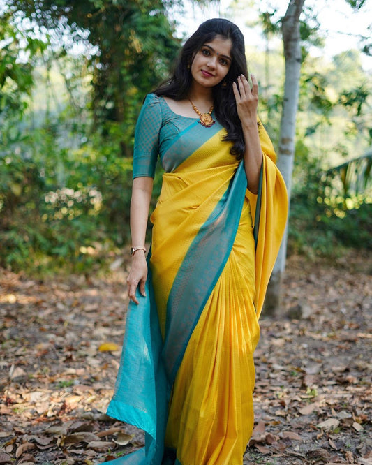 YELLOW & FIROZI COMBINATION PURE SOFT SEMI SILK SAREE WITH ATTRACTIVE BLOUSE PIECE