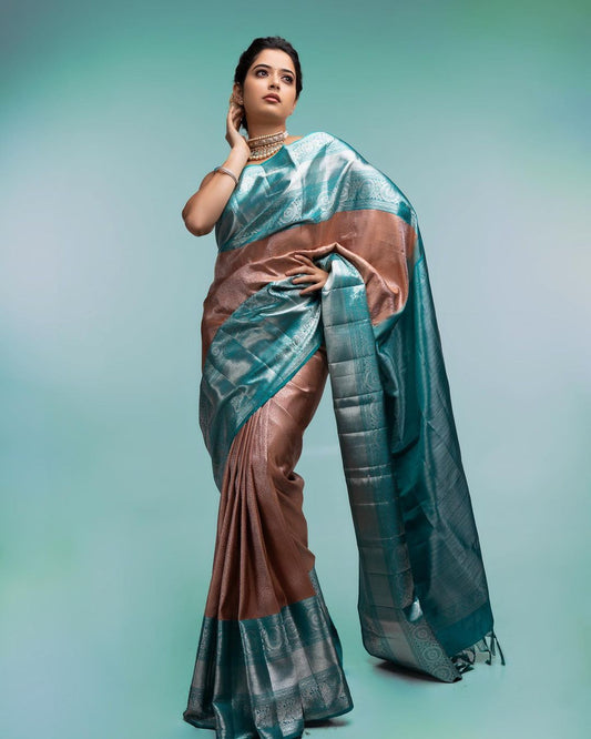PEACH & FIROZI PURE SOFT SILK SAREE WITH TWIRLING BLOUSE PIECE