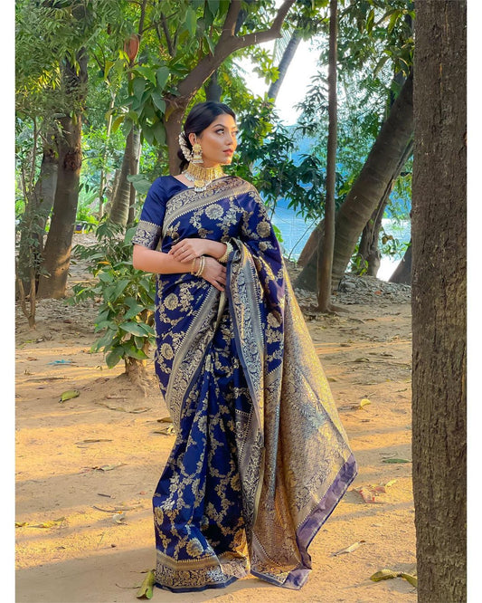 NAVY BLUE SEMI SILK SAREE WEAVED WITH COPPER ZARI WITH ATTACHED HEAVY BROCADE BLOUSE