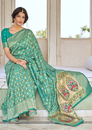 Beautiful Firozi Paithani Silk Saree With Invaluable Blouse Piece