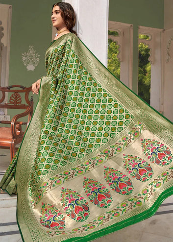 Gratifying Green Paithani Silk Saree With Invaluable Blouse Piece