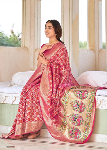 Prettiest Pink Paithani Silk Saree With Invaluable Blouse Piece