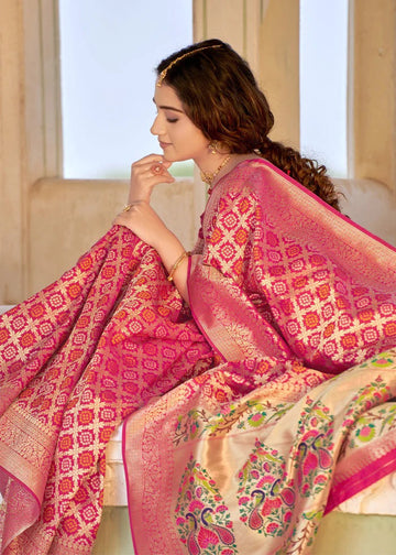 Prettiest Pink Paithani Silk Saree With Invaluable Blouse Piece