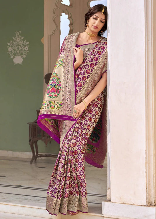 Desultory Wine Paithani Silk Saree With Invaluable Blouse Piece