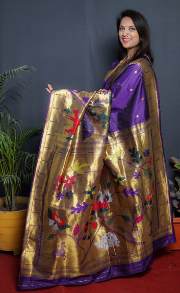 Pleasurable Royal Blue Paithani Silk Saree With Classy Blouse Piece