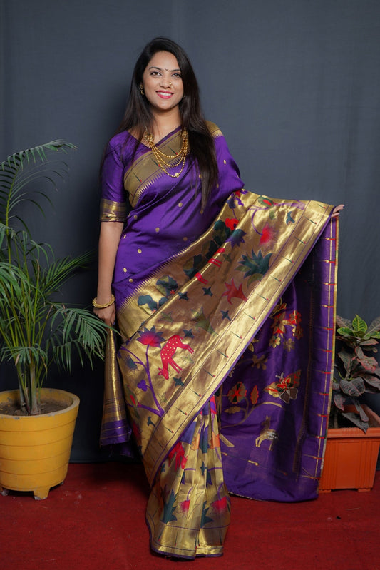Pleasurable Royal Blue Paithani Silk Saree With Classy Blouse Piece