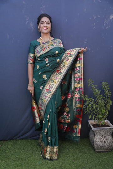 Sensational Dark Green Paithani Silk Saree With Ideal Blouse Piece