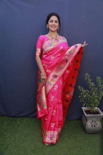 Mesmerising Pink Paithani Silk Saree With Ideal Blouse Piece