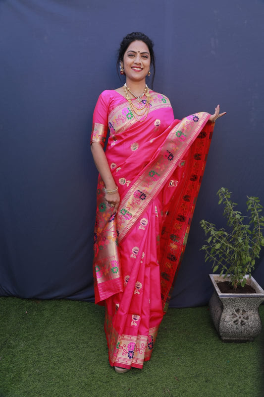 Mesmerising Pink Paithani Silk Saree With Ideal Blouse Piece