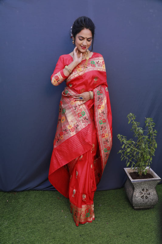 Skinny Red Paithani Silk Saree With Ideal Blouse Piece