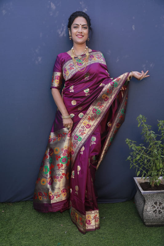 Capricious Wine Paithani Silk Saree With Ideal Blouse Piece