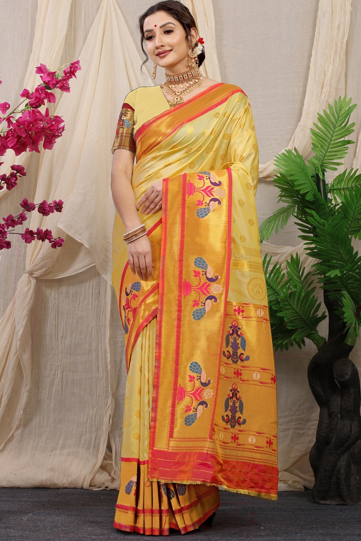 Arresting Beige Paithani Silk Saree With Splendorous Blouse Piece