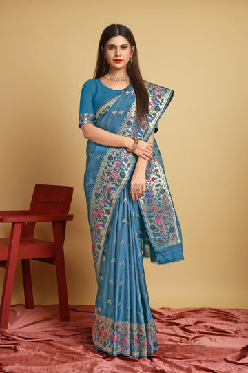 Energetic Blue Paithani Silk Saree With Gleaming Blouse Piece