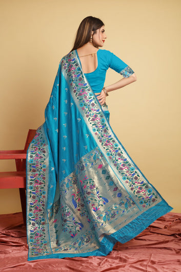 Sizzling Firozi Paithani Silk Saree With Flaunt Blouse Piece