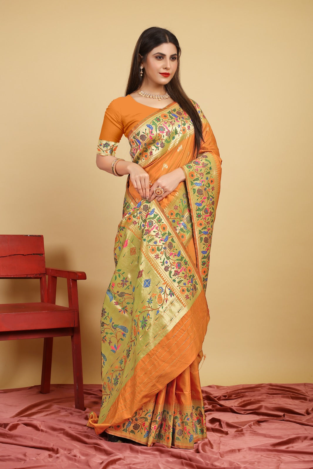 Wonderful Orange Paithani Silk Saree With Skinny Blouse Piece