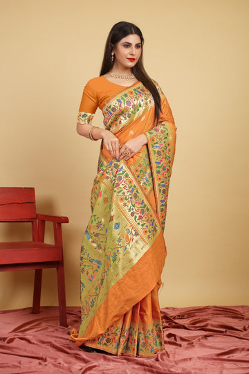 Wonderful Orange Paithani Silk Saree With Skinny Blouse Piece