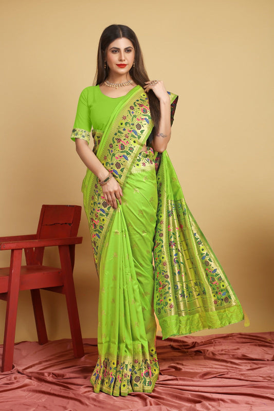 Stylish Parrot Paithani Silk Saree With Unique Blouse Piece