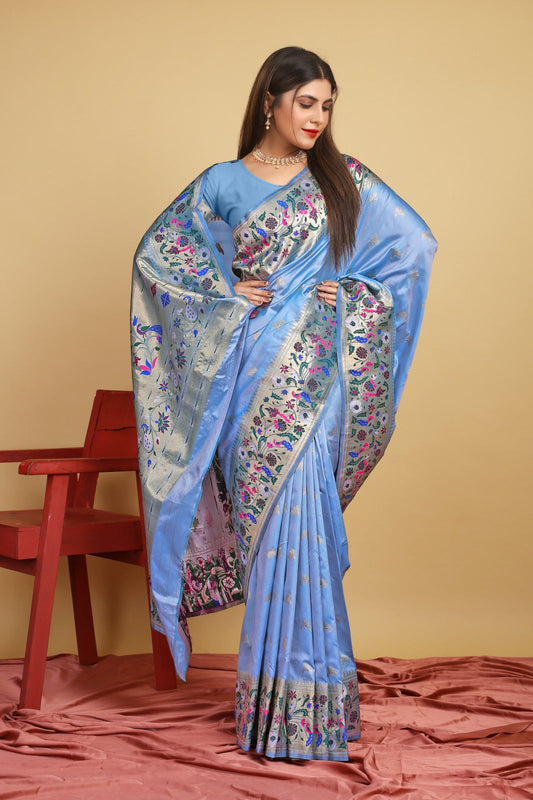 Dazzling Sky Paithani Silk Saree With Gorgeous Blouse Piece