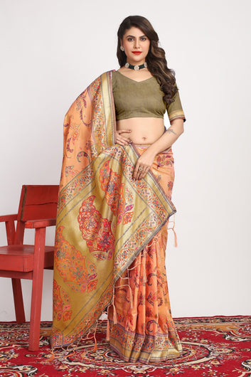 Flamboyant Peach Pashmina saree With Fancifull Blouse Piece