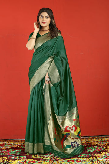 Precious Dark Green Paithani Silk Saree With Extraordinary Blouse Piece