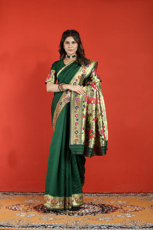 Propinquity Dark Green Paithani Silk Saree With Seraglio Blouse Piece