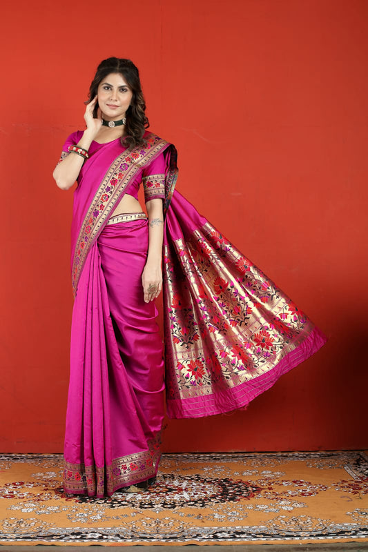 Serendipity Dark Pink Paithani Silk Saree With Vestigial Blouse Piece