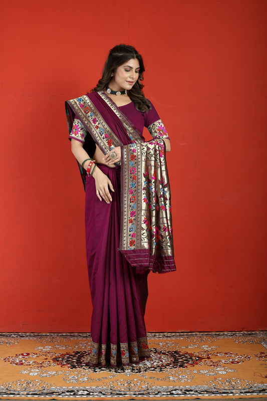 Staggering Purple Paithani Silk Saree With Engaging Blouse Piece