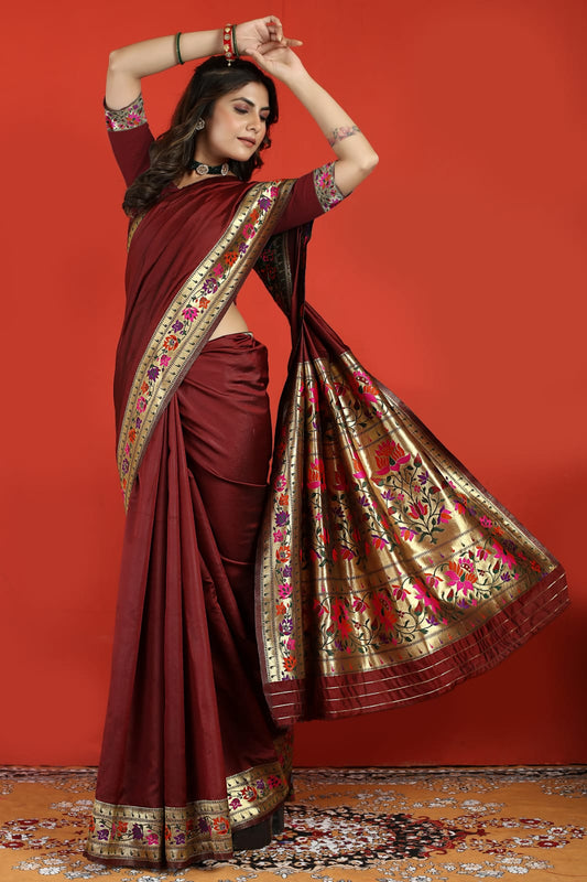 Imaginative Wine Paithani Silk Saree With Magnificat Blouse Piece