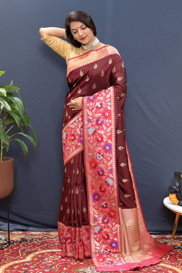 Denouement Maroon Paithani Silk Saree With Panache Blouse Piece