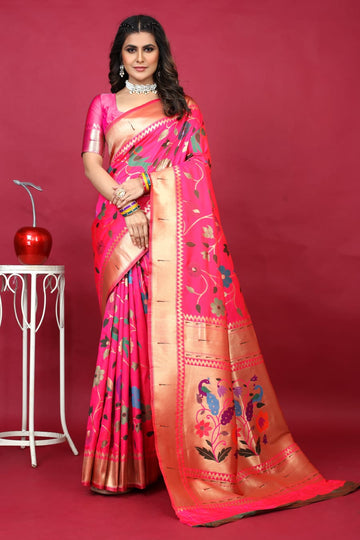Artistic Dark Pink Paithani Silk Saree With Winsome Blouse Piece