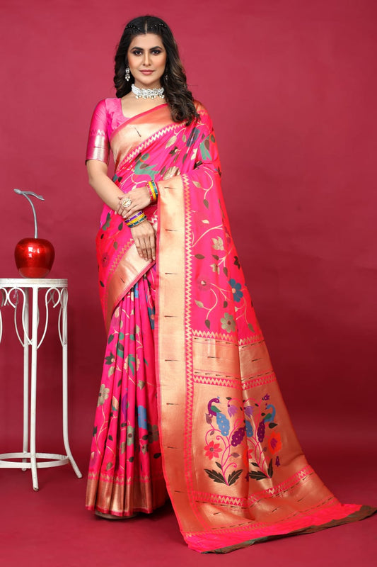 Artistic Dark Pink Paithani Silk Saree With Winsome Blouse Piece