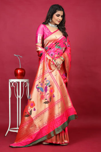 Artistic Dark Pink Paithani Silk Saree With Winsome Blouse Piece
