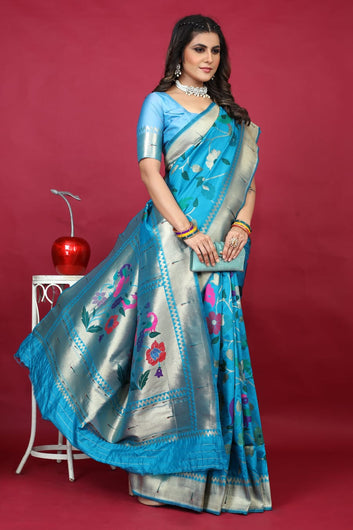Sumptuous Firozi Paithani Silk Saree With Resonant Blouse Piece