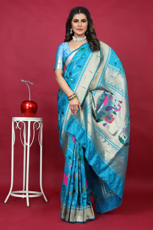 Sumptuous Firozi Paithani Silk Saree With Resonant Blouse Piece