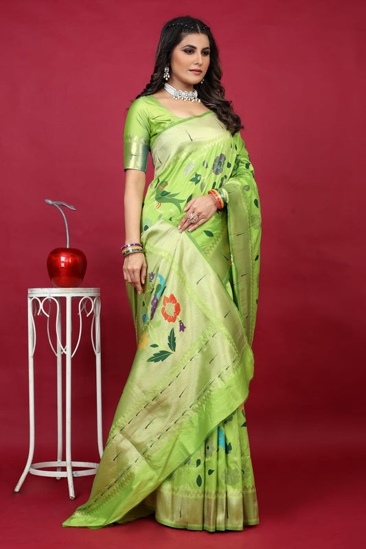 Assemblage Parrot Paithani Silk Saree With Ineffable Blouse Piece