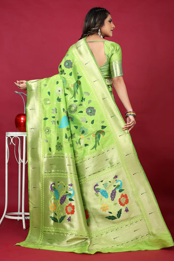 Assemblage Parrot Paithani Silk Saree With Ineffable Blouse Piece