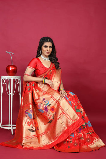 Ideal Red Paithani Silk Saree With Aplomb Blouse Piece