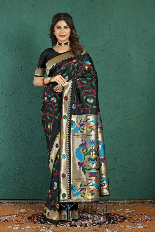 Beleaguer Black Paithani Silk Saree With Demesne Blouse Piece