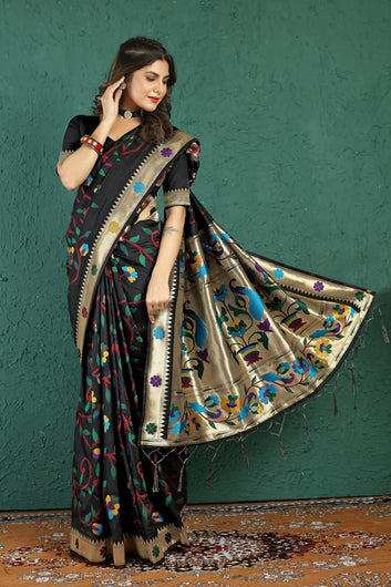 Beleaguer Black Paithani Silk Saree With Demesne Blouse Piece